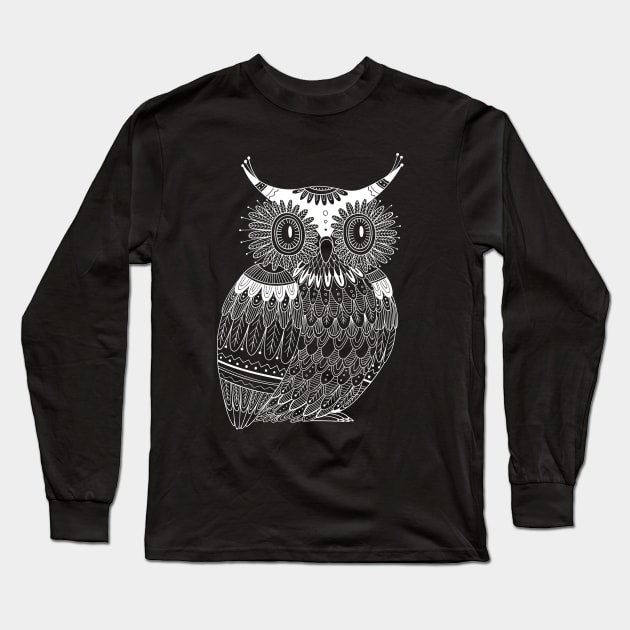 White owl with dark background Long Sleeve T-Shirt by yuliia_bahniuk